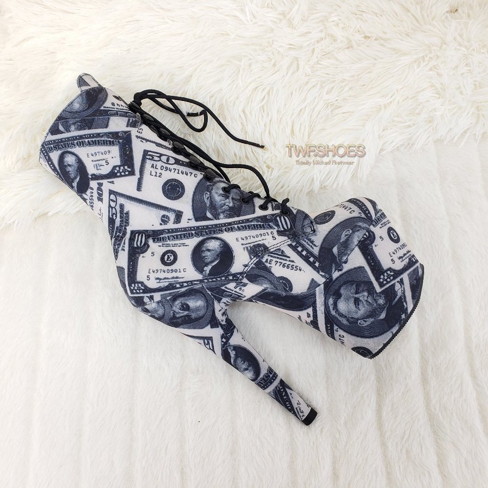 Dollar Bill  Money Print 7" High Heel Platform Lace Up Ankle boots